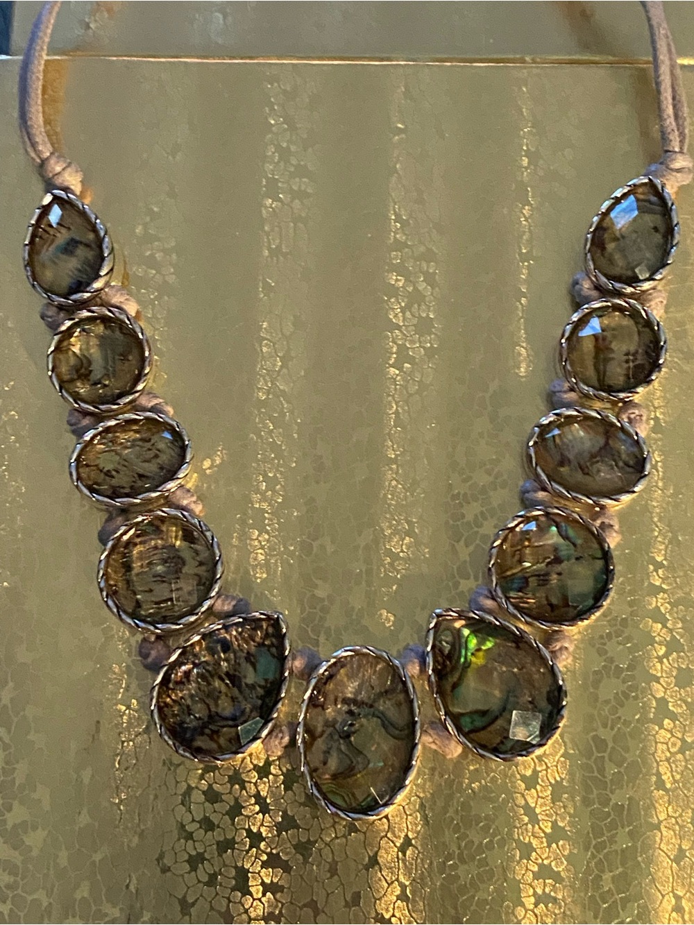 Abalone Shell Statement Necklace - Iridescent Green, Blue & Silver Corded